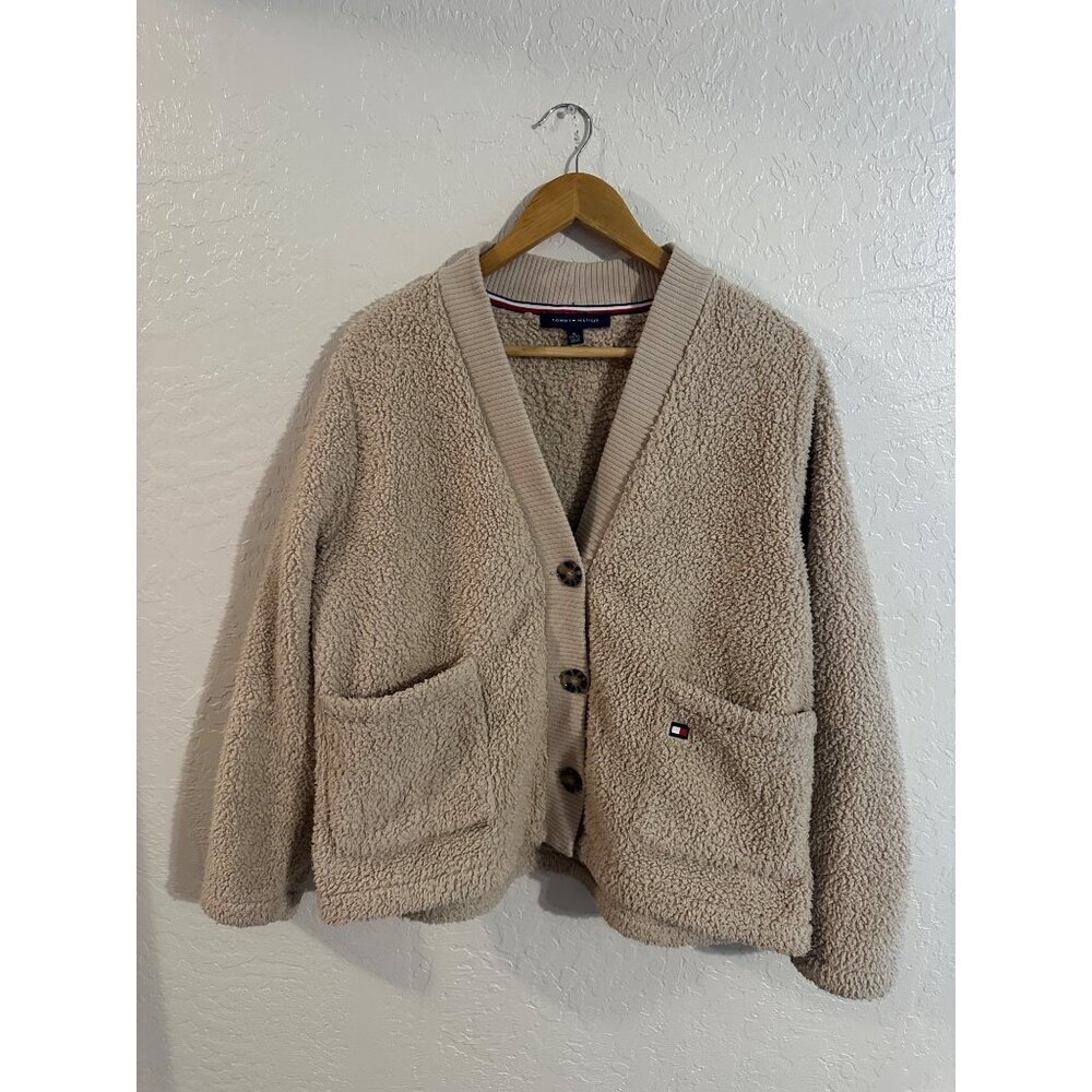 Y Tommy Hilfiger Oversized Tan Teddy Boucle Long Sleeved Button Up Cardigan